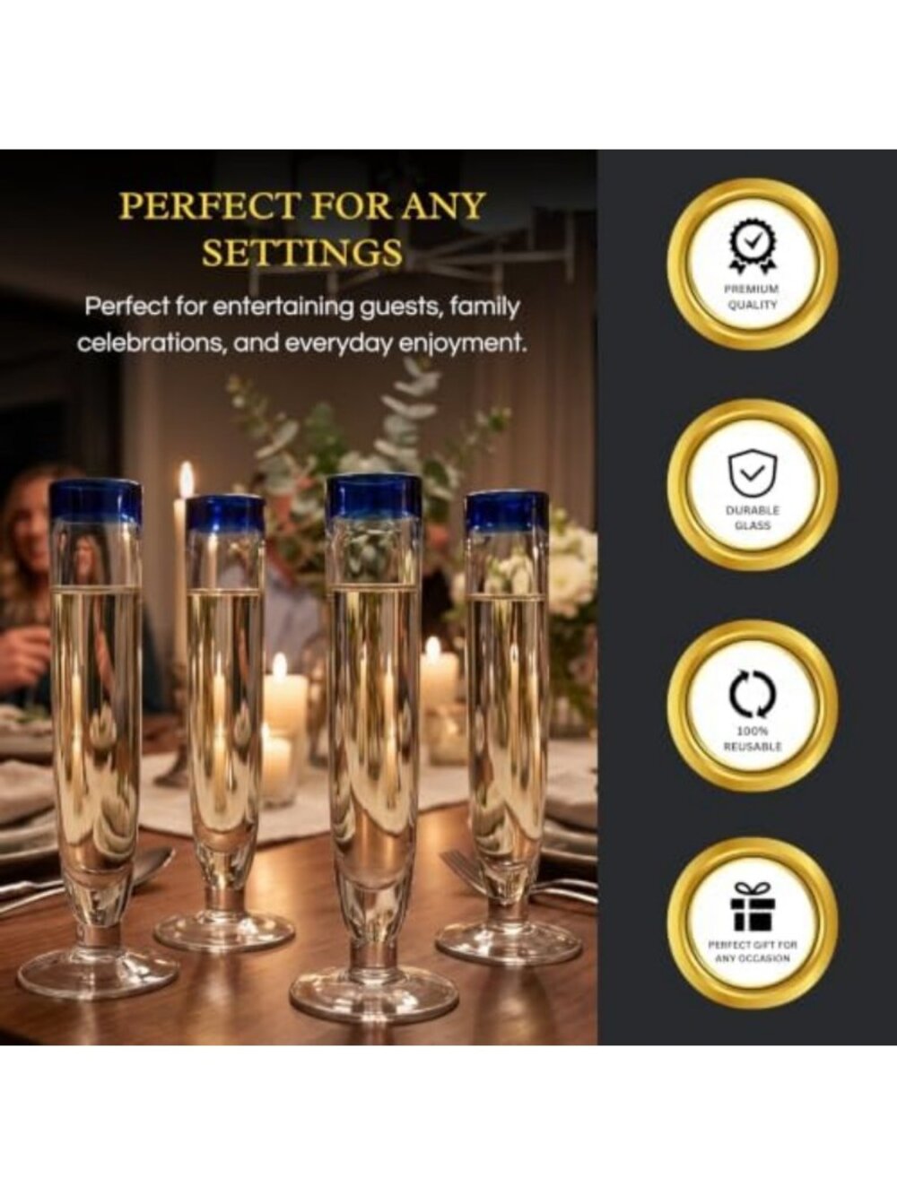 Elegant Cobalt Blue Rim Champagne Flutes - Set of 4 - Hand Blown Glassware for - Picture 6 of 6